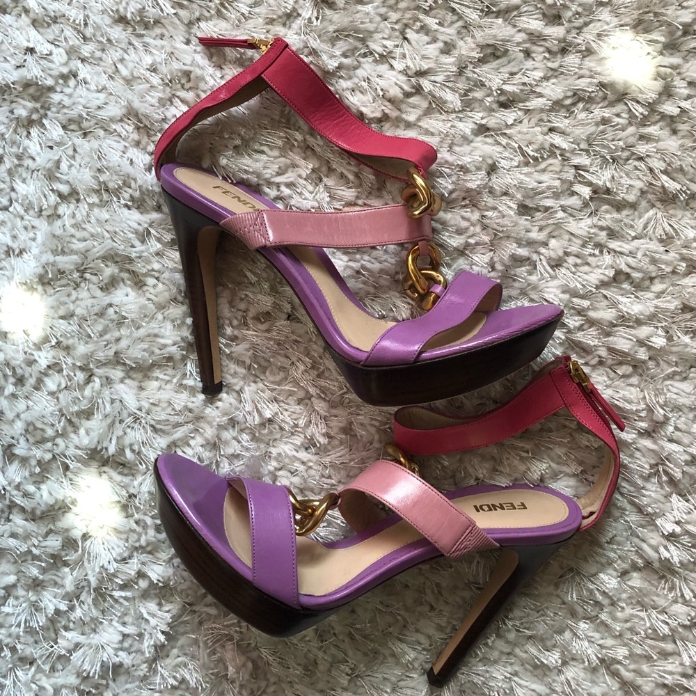 Fendi Stacked High Heel Sandal with Gold Chainlink